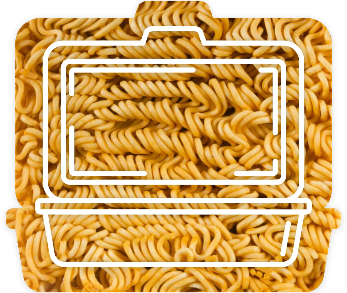 Hinged container outline over instant noodles