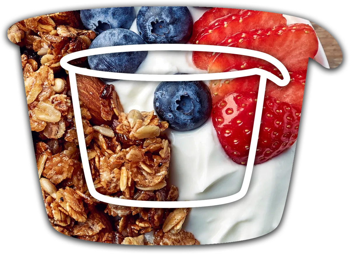 Dairy cup outline over yogurt with berries
