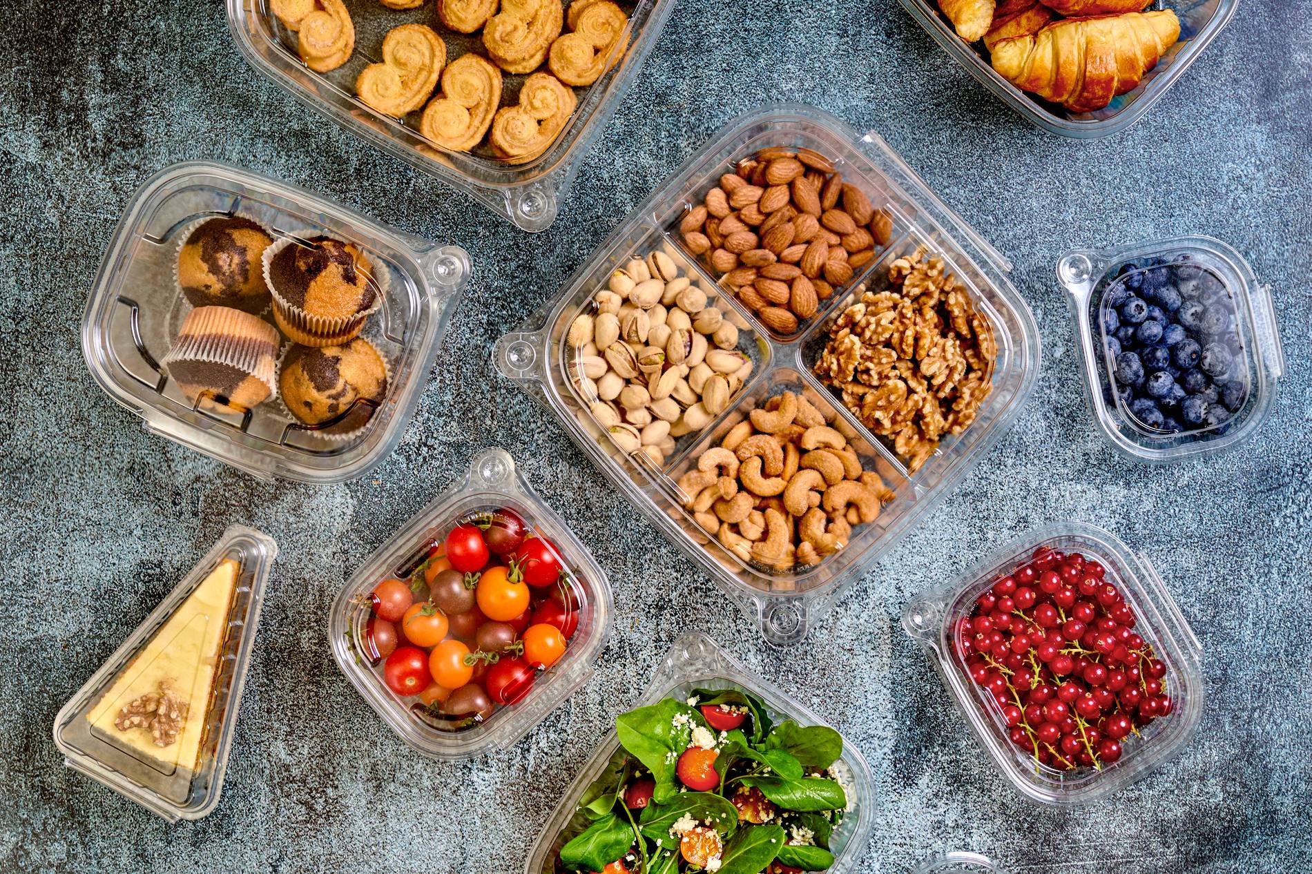 DEPACK Snap Lock containers with pastries, nuts, berries and salads